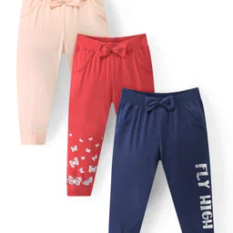 Doodle Poodle 100% Cotton Full Length Lounge Pant Butterfly Print Pack of 3 - Peach Red & Blue-picture-23