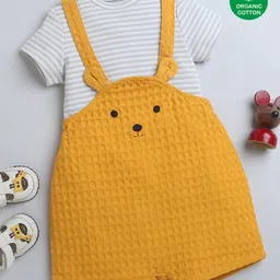 Nino Bambino Organic Cotton Textured Dungaree With Half Sleeves Striped Tee - White & Mustard-picture-22
