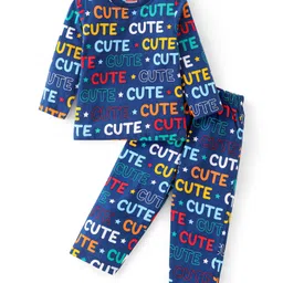 Babyhug Cotton Knit Full Sleeves Night Suit with Text Print - Navy Blue-picture-20