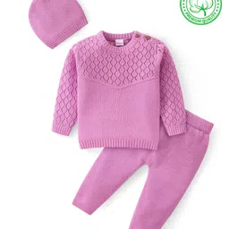 Babyhug Cotton Knit Full Sleeves Pullover Sweater Set With Cable Knit Design & Cap - Mauve-picture-38