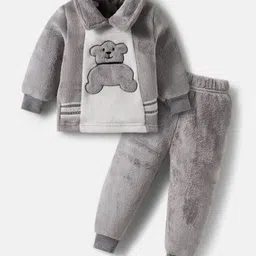 Babyhug Fur Knit Winter Wear Top & Joggers Set With Teddy Embroidery Design - Grey & White image 1