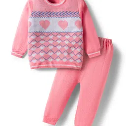 Babyhug Knitted Full Sleeves Sweater Set With Heart Design - Pink-image-88