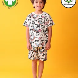 Anthrilo 100% Organic Cotton Knit Half Sleeves Panda Printed Tee & Coordinating Shorts Set - White-picture-34