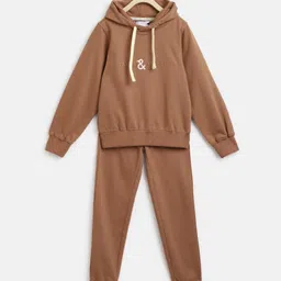 Tales & Stories Woven Full Sleeves Brand Name Embroidered Hooded Light Winter Sweatshirt & Track Pants Set - Brown-picture-16