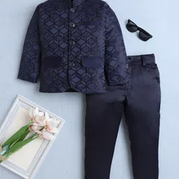 Fourfolds Woven Full Sleeves Cubes Embroidered Jodhpuri & Trousers Set - Navy Blue-picture-19