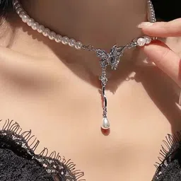 AKISON JEWELS Korean Silver-Plated Pearls Beaded Butterfly Necklace-image-11