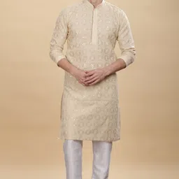 Anouk Beige Geometric Embroidered Sequins Mandarin Collar Cotton Straight Kurta-image-21