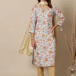 AURELIA Floral Printed V-Neck Straight Kurta With Trousers & Dupatta-image-6