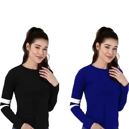 PINOVO Women's Black & Blue Round Neck Long Sleeve Regular T-shirt Pack of 2-image-14