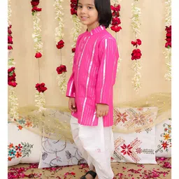 BownBee Pure Cotton Woven Full Sleeves Glitter Striped Dhoti Kurta Set - Pink image 4