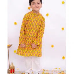 BownBee Pure Cotton Full Sleeves Floral Printed Kurta Pyjama Set - Yellow image 5