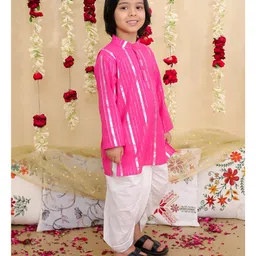 BownBee Pure Cotton Woven Full Sleeves Glitter Striped Dhoti Kurta Set - Pink image 5