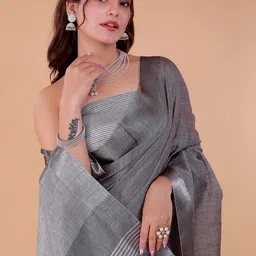 NEGRONI Striped Woven Design Border Zari Khadi Saree With image 2