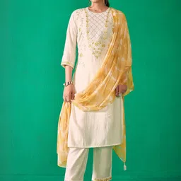 Anouk Women Ethnic Motifs Embroidered Regular Thread Work Chanderi Silk Kurta with Trousers & With Dupatta-image-43