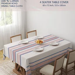 HOME COLORS.IN White Striped Cotton 4-Seater Table Cover image 5