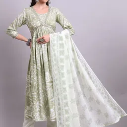 HERE&NOW Women Ethnic Motifs Printed Empire Mirror Work Kurta with Trousers & With Dupatta-picture-28