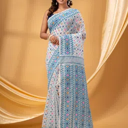 TANTLOOM Ethnic Motifs Jamdani Pure Cotton Saree-image-73