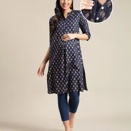 Bella Mama 3/4th Sleeves Foil Printed Maternity Ethnic Kurta  - Blue-picture-20