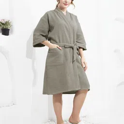 HotGown Olive Green Textured Pure Cotton Waffle Bathrobe image 2