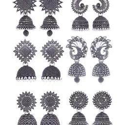 Sangria Set Of 6 Silver Plated Oxidized Jhumka Earrings-picture-47