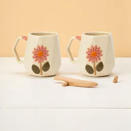 Kraftlik Handicraft Set of 2 Cream Coloured Handcrafted Diamond Flower Ceramic Mugs image 2