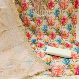 Blissta Floral Printed Beads & Stones Organza Unstitched Dress Material image 4