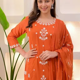 KALINI Women Floral Embroidered Regular Sequinned Kurta with Trousers & With Dupatta image 4