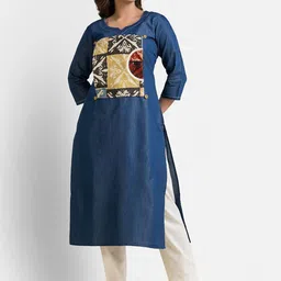 Crazy Needle Women Abstract Printed Round Neck Regular Straight Denim Kurti image 4