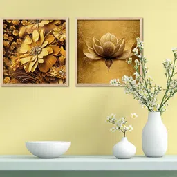 WALLLANE Set Of 2 Brown & Gold-Toned Piece Wood Floral and Botanical Wall Paintings image 3