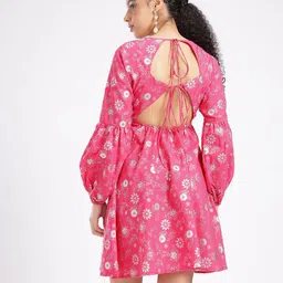 fusion by glitchez Floral Foil Printed V-Neck Styled Back A-Line Dress image 3