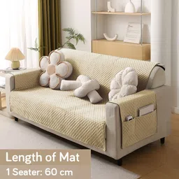 HOKIPO Beige Solid Velvet 1 Piece 2 Seater Sofa Cover Mat with Pockets on Armrest image 4