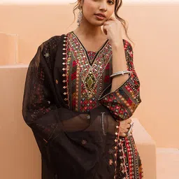 Sangria Ethnic Motifs Embroidered V-Neck Straight Kurta With Palazzos And Dupatta image 5