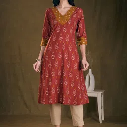 FASHOR Women Ethnic Motifs Printed V-Neck Pure Cotton A-Line Kurta with Trousers-image-99