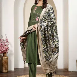 HERE&NOW Women Floral Embroidered Regular Thread Work Kurta with Trousers & With Dupatta-picture-32