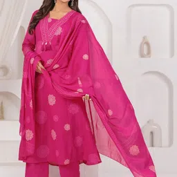 Rasokurti Women Floral Printed Regular Thread Work Pure Cotton Kurta with Trousers & With Dupatta image 3