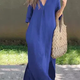 KPOP Women V-Neck Solid Maxi Long Sleeves Dress-image-11