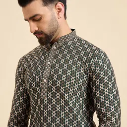 House of Pataudi Geometric Embroidered Thread Work Mandarin Collar Straight Kurta image 2