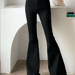 KPOP Women Solid Flared Cotton Trousers image 1