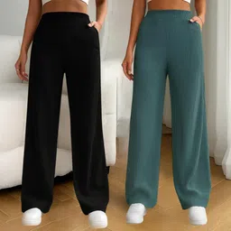 fabflee Pack of 2 Women Comfort Fit Multicolor Cotton Blend Trousers-picture-12