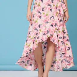 Women Floral Print Flared Pink Skirt-image-25