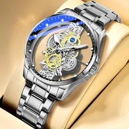 NAYABE Men's Luxury Hollow Skeleton Watch Retro Gorgeous Gear Carving Design Analog Watch - For Men Skeleton Transparent Glass Wristwatch for Men, Silver-Tone Stainless Steel image 3