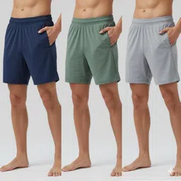 Pack of 3 Solid Men Green, Dark Blue, Grey Casual Shorts, Beach Shorts, Gym Shorts, Sports Shorts-image-14