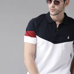 Roadster Men White  Navy Blue  Colourblocked Polo Collar Pure Cotton T-shirt-image-46