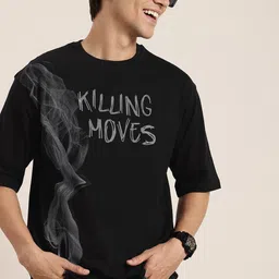 HERE&NOW Typography Printed Drop-Shoulder Sleeves Pure Cotton Casual T-shirt-picture-51