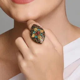 Fida Women Gold-Plated Black Floral Meenakari Finger Ring-picture-42
