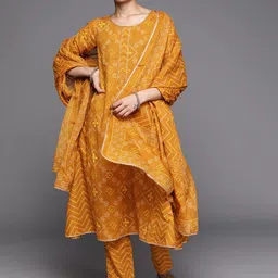 Libas Women Mustard Yellow Bandhani Printed Gotta Patti Pure Cotton Kurta with Trousers & With Dupatta-picture-35