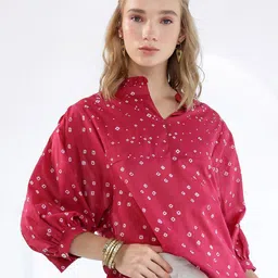KALAMIR Women Bandhej Geometric Printed Mandarin Collar Cotton Top-picture-13