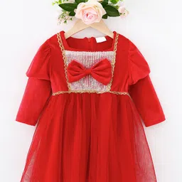 Kookie Kids Full Sleeves Party Wear Frock With Bow Applique & Sequin Detailing- Red-image-10