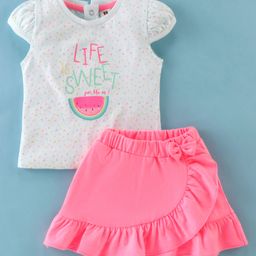 ToffyHouse 100% Cotton Knit Cap Sleeves Top & Skirt Set with Text & Watermelon Print - Pink-image-37