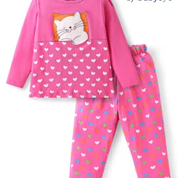 Babyoye 100% Cotton Knit Full Sleeves Night Suit with Heart & Kitty Print - Fuchsia-picture-22